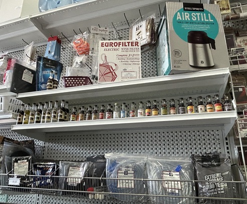 Spirits section at Benvin in Lasalle, Montreal – featuring home distillation equipment, advanced filters, turbo yeast, and all-natural essences for crafting whiskies, rums, liqueurs, and other spirits
